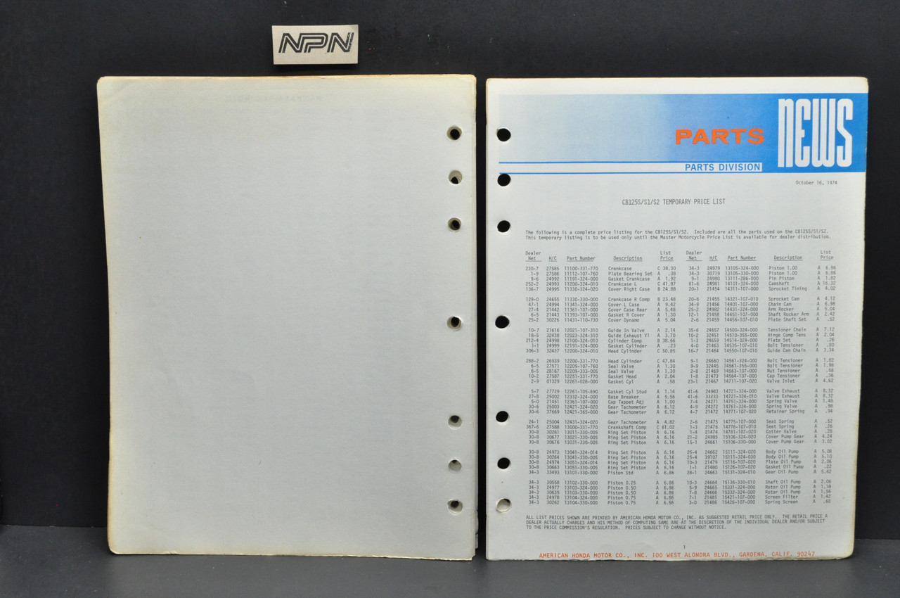 Vtg 73-74 Honda CL125 S Parts Catalog Book Diagram Manual Printed 1976