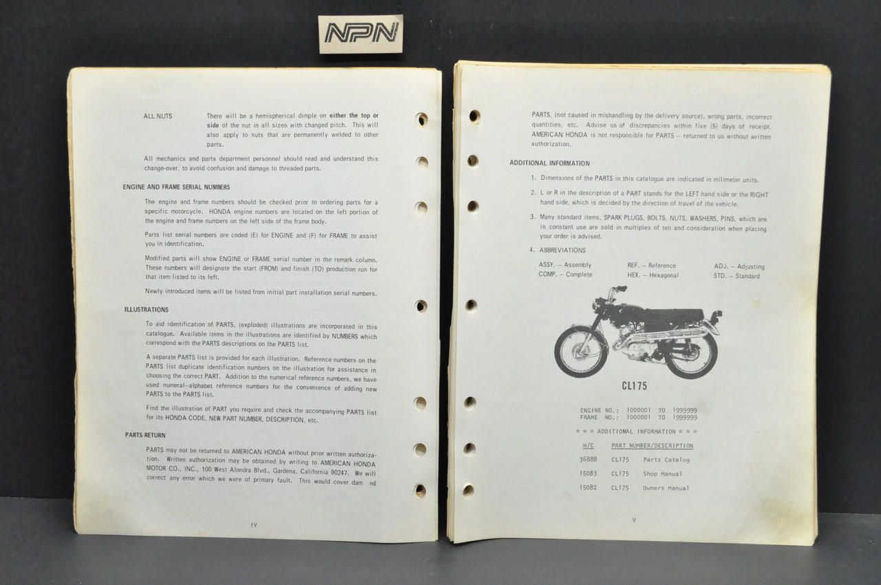 Vtg 1968-69 Honda CL175 Motorcycle Parts Catalog Book Diagram Manual