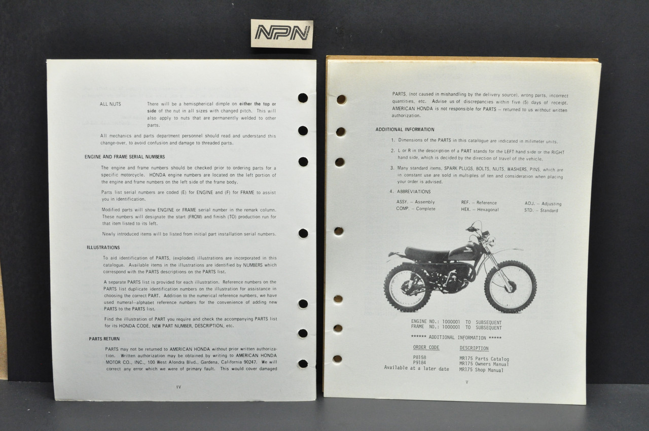 Vintage 1975 Honda MR175 Elsinore Parts Catalog Book Diagram Manual