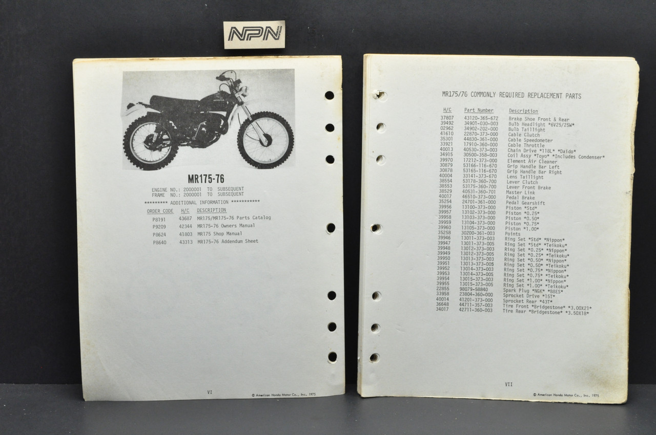 Vtg 1976 Honda MR175 '76 Elsinore Parts Catalog Book Diagram Manual