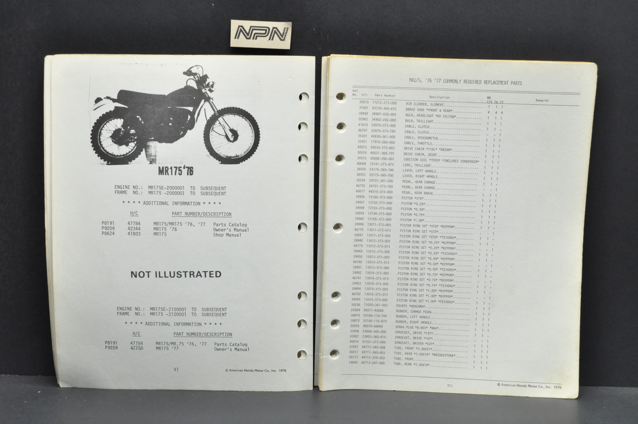 Vtg 1977 Honda MR175 '77 Elsinore Parts Catalog Book Diagram Manual