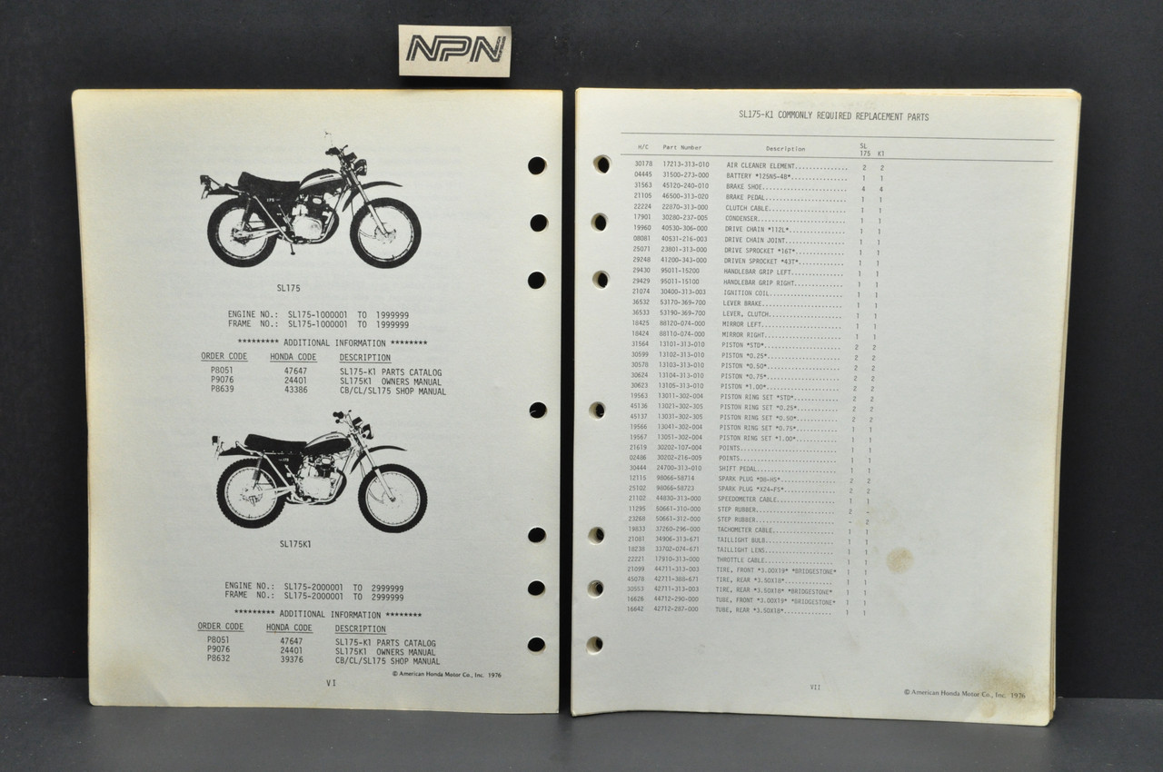 Vtg 1971-72 Honda SL175 K1 Motosport 175 Parts Catalog Book Diagram Manual