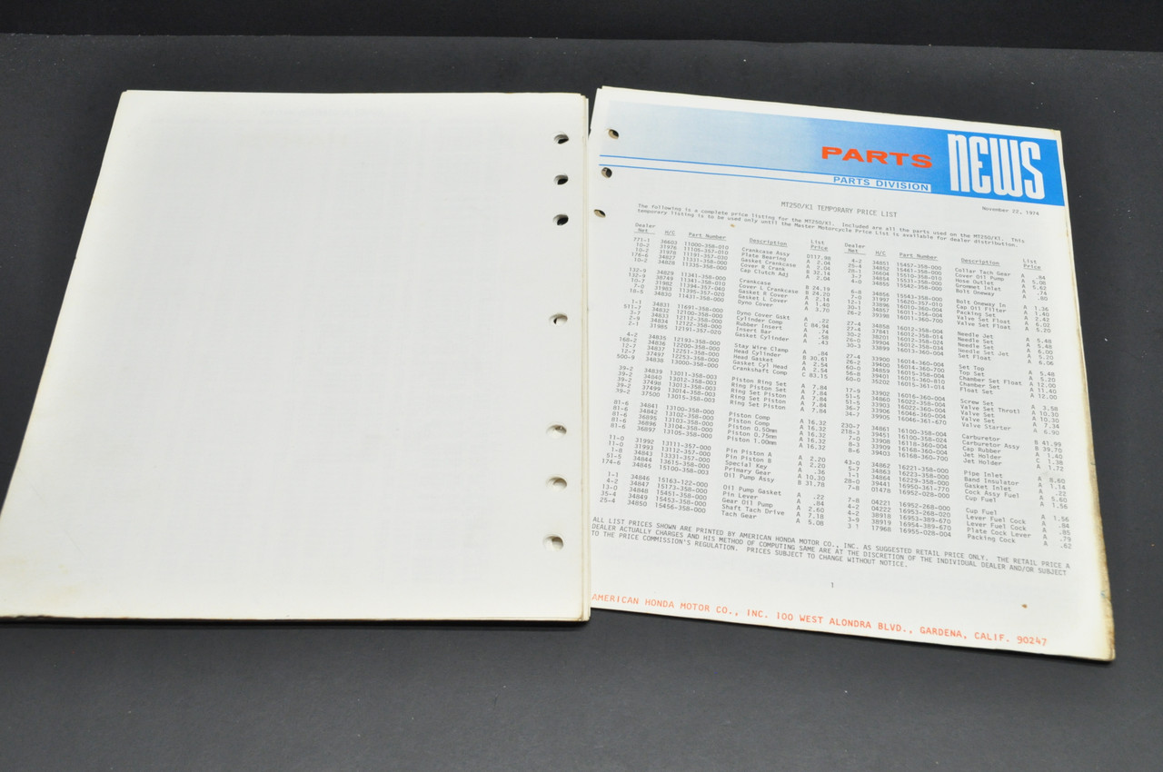 Vtg 1975 Honda MT250 K0-K1 Elsinore Parts Catalog Book Diagram Manual