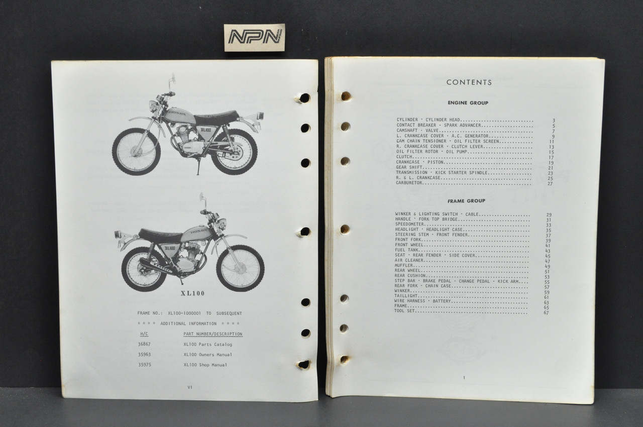 Vintage 1974 Honda XL100 Motorcycle Parts Catalog Book Diagram Manual