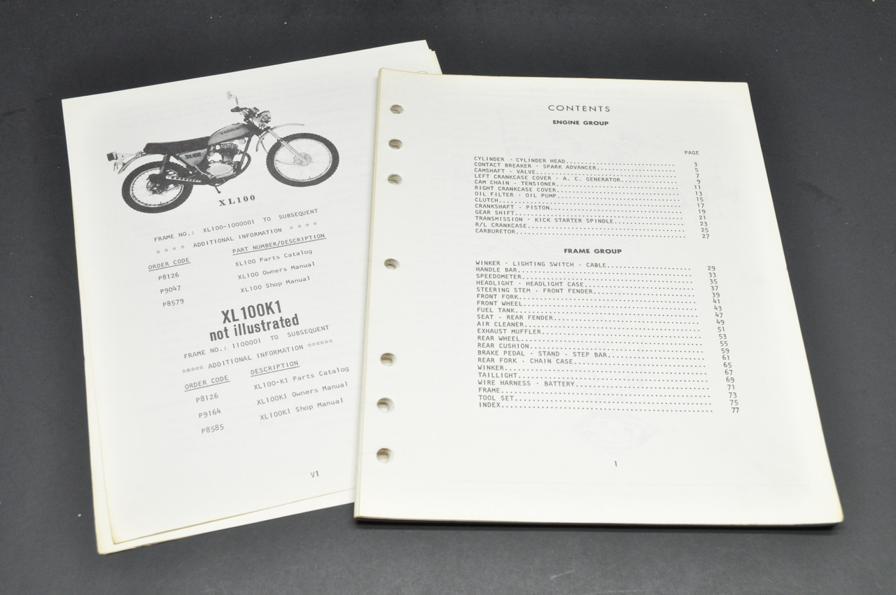 Vintage 1975 Honda XL100 K1 Motorcycle Parts Catalog Book Diagram Manual