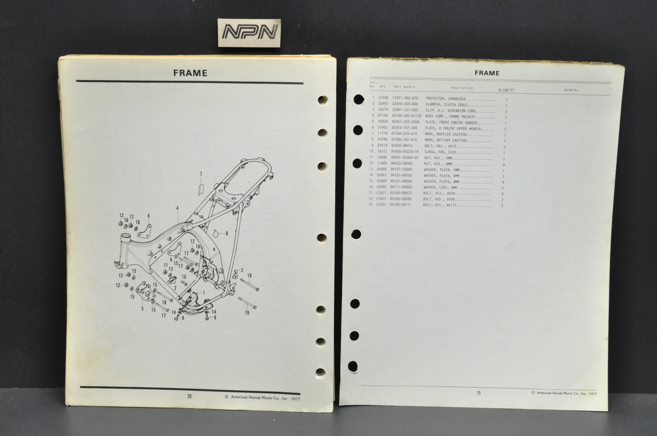 Vtg 1977 Honda XL100 '77 Motorcycle Parts Catalog Book Diagram Manual