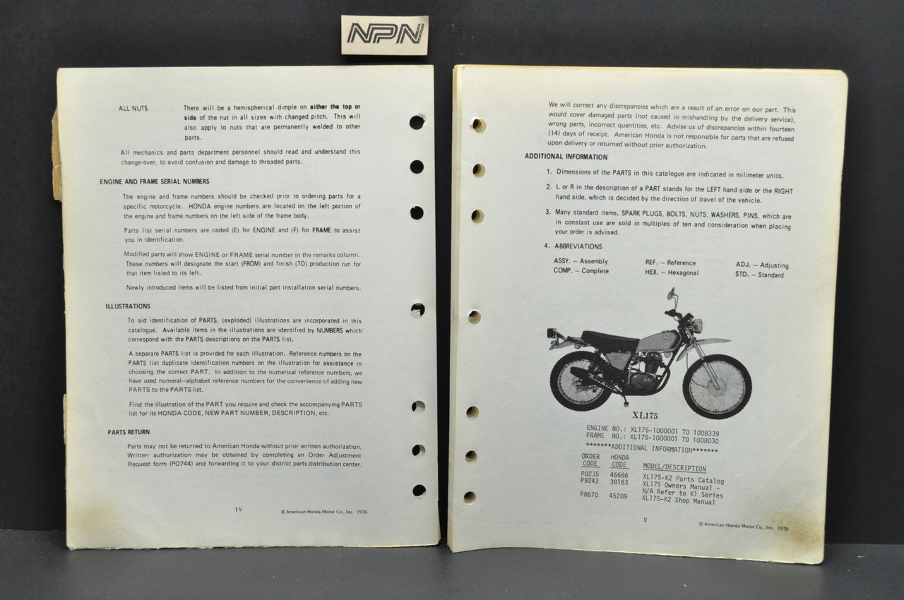 Vtg 1973-75 Honda XL175 K0-K2 Parts Catalog Book Diagram Manual