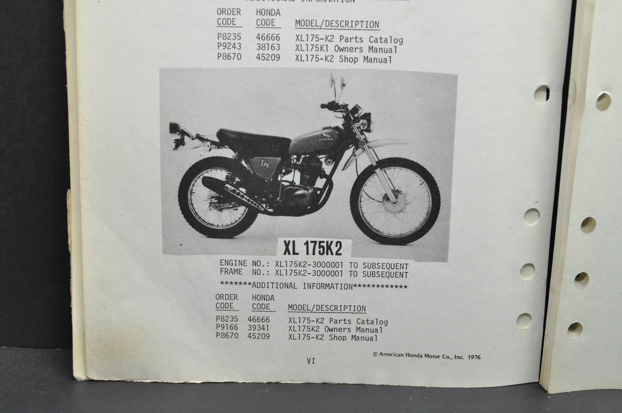 Vtg 1973-75 Honda XL175 K0-K2 Parts Catalog Book Diagram Manual