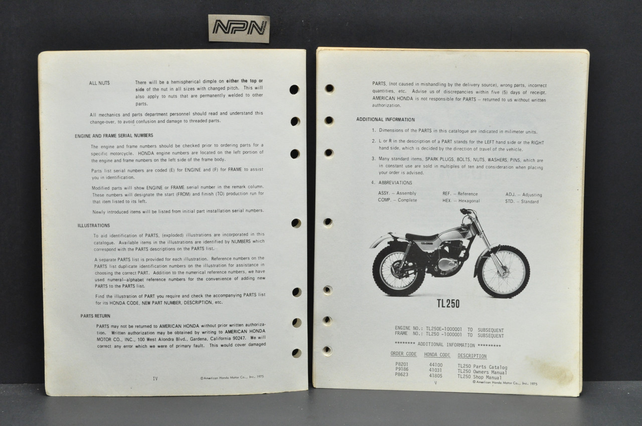 Vtg 1976 Honda TL250 76 Trials 250 Parts Catalog Book Diagram Manual