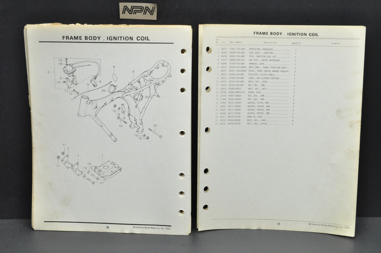 Vintage 1977 Honda XR75 77 Motorcycle Parts Catalog Book Diagram Manual
