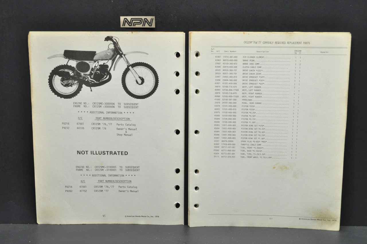 Vintage Honda 1976-77 CR125 M Parts Catalog Book Diagram Manual