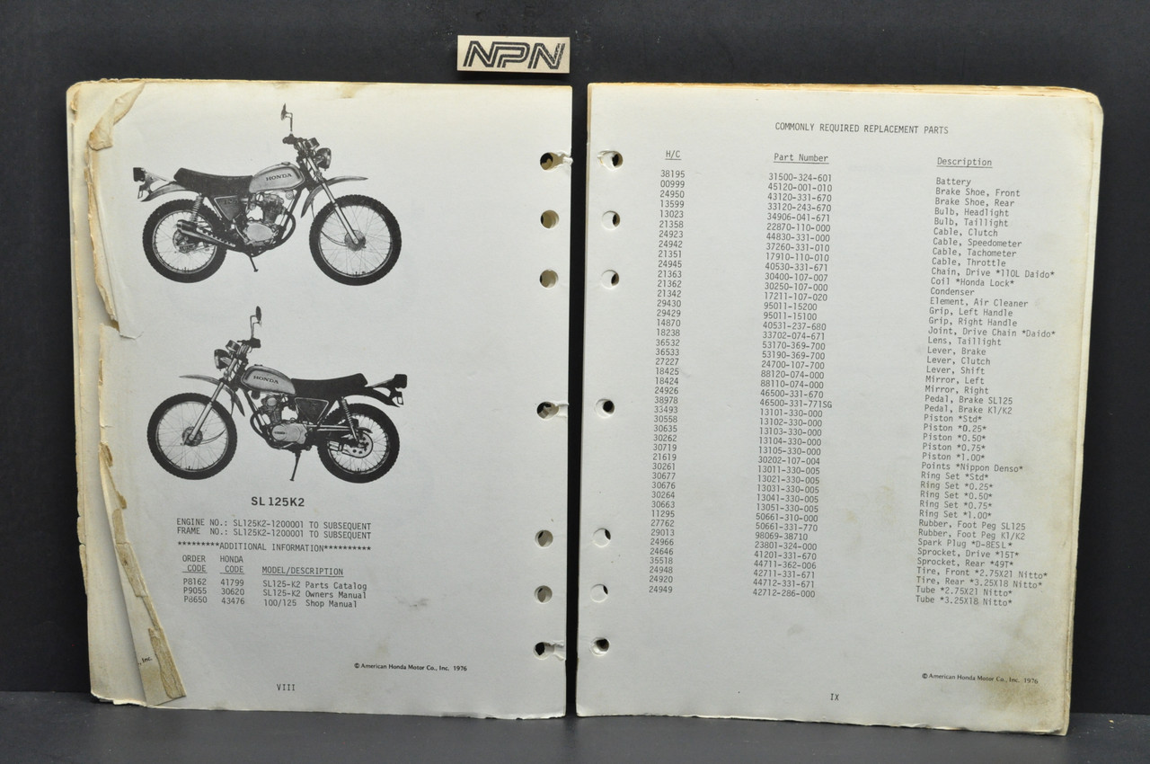 Vtg 1971-73 Honda SL125 K0-K2 Parts Catalog Book Diagram Manual (1976)