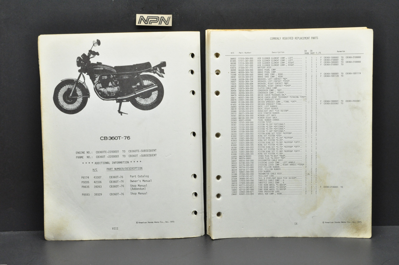 Vtg 1974-76 Honda CB360 G CB360 T Parts Catalog Book Diagram Manual