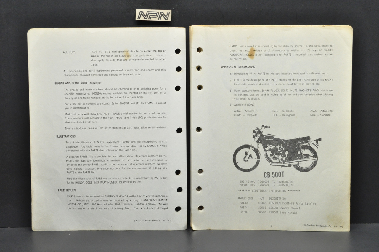 Vtg 1975 Honda CB500 T 500 Twin T-1976 Parts Catalog Diagram