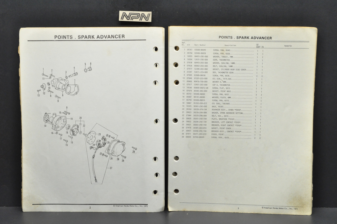 Vtg 1975 Honda CB500 T 500 Twin T-1976 Parts Catalog Diagram