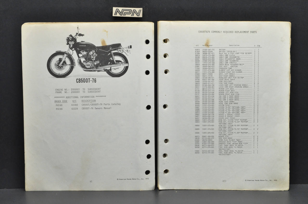 Vtg 1975 Honda CB500 T 500 Twin T-1976 Parts Catalog Diagram