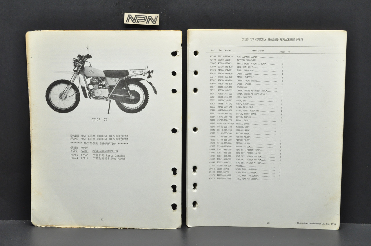 Vintage 1977 Honda CT125 '77 Trail 125 Parts Catalog Diagram Manual