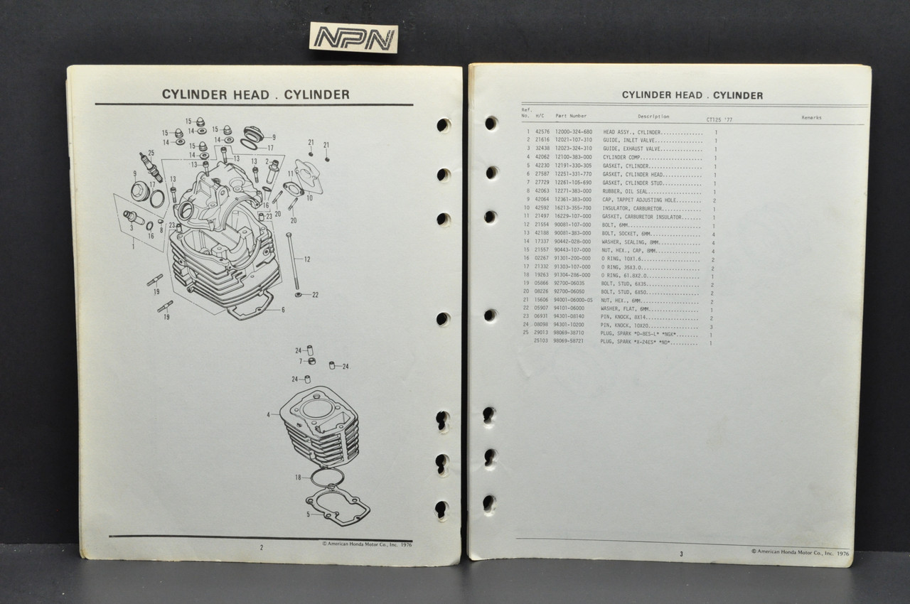 Vintage 1977 Honda CT125 '77 Trail 125 Parts Catalog Diagram Manual