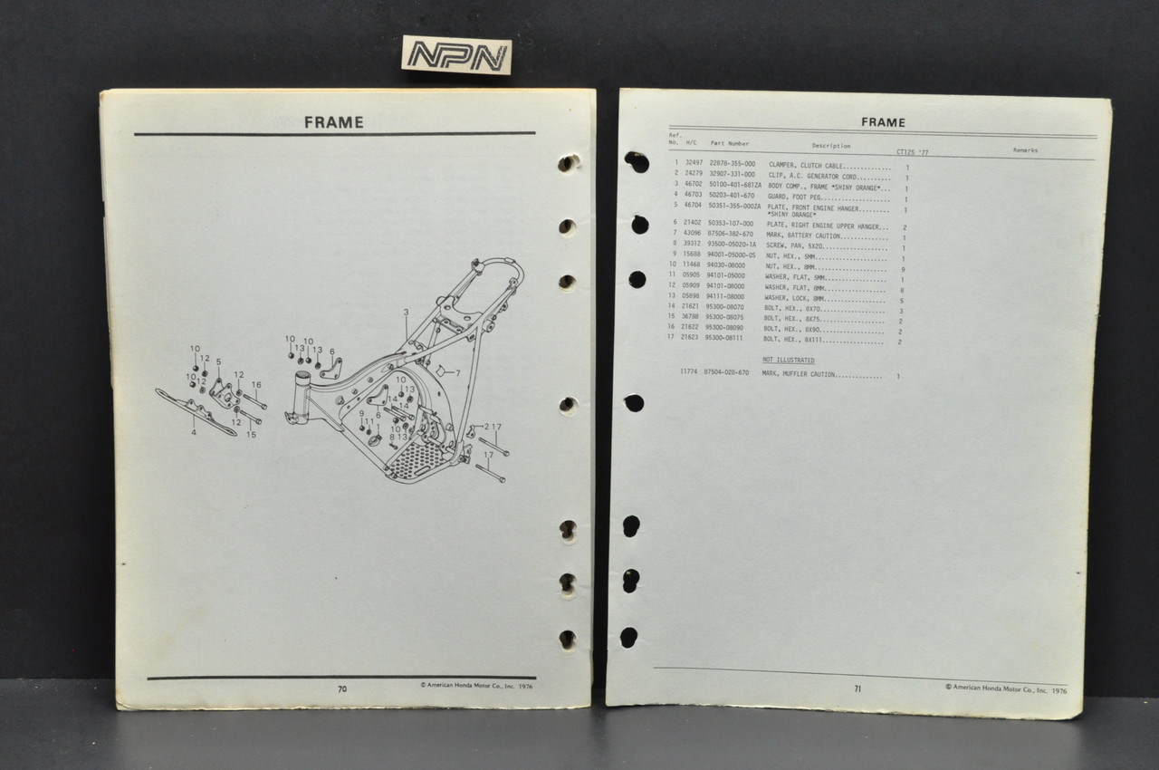 Vintage 1977 Honda CT125 '77 Trail 125 Parts Catalog Diagram Manual