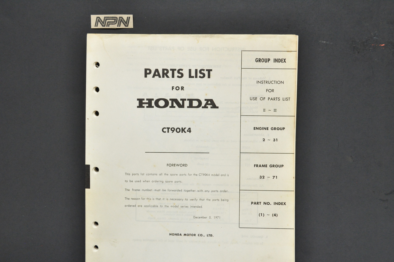 Vintage 1972-73 Honda CT90 K4 Trail 90 Parts Catalog Book Diagram Manual