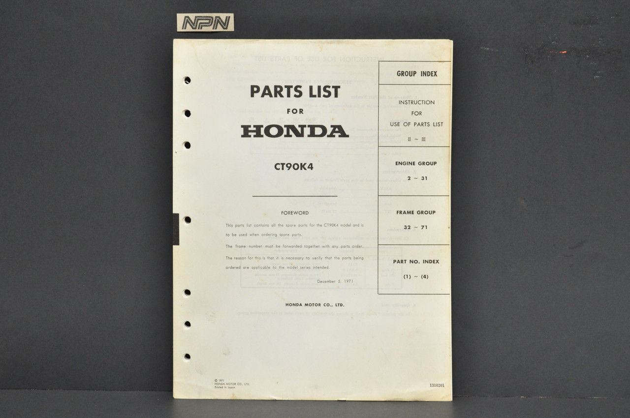 Vintage 1972-73 Honda CT90 K4 Trail 90 Parts Catalog Book Diagram Manual