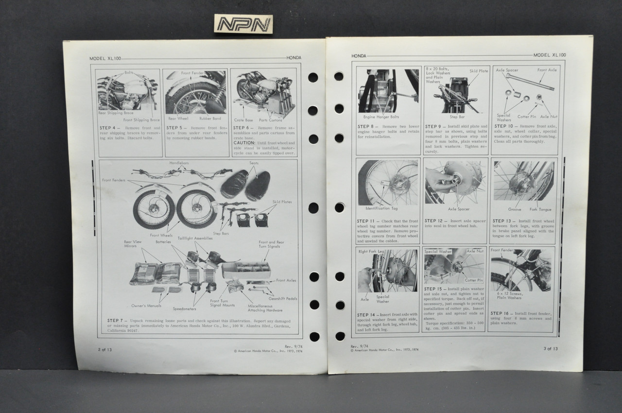 Vintage 1974 Honda XL100 K0 Motorcycle Dealer Set Up Instruction Manual