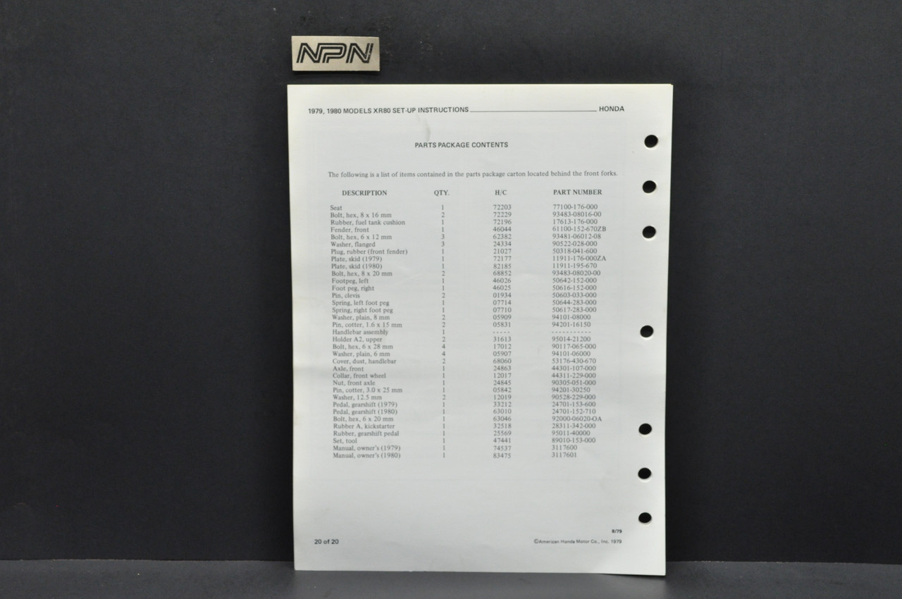 Vintage 1979-80 Honda XR80 Motorcycle Dealer Set Up Instruction Manual