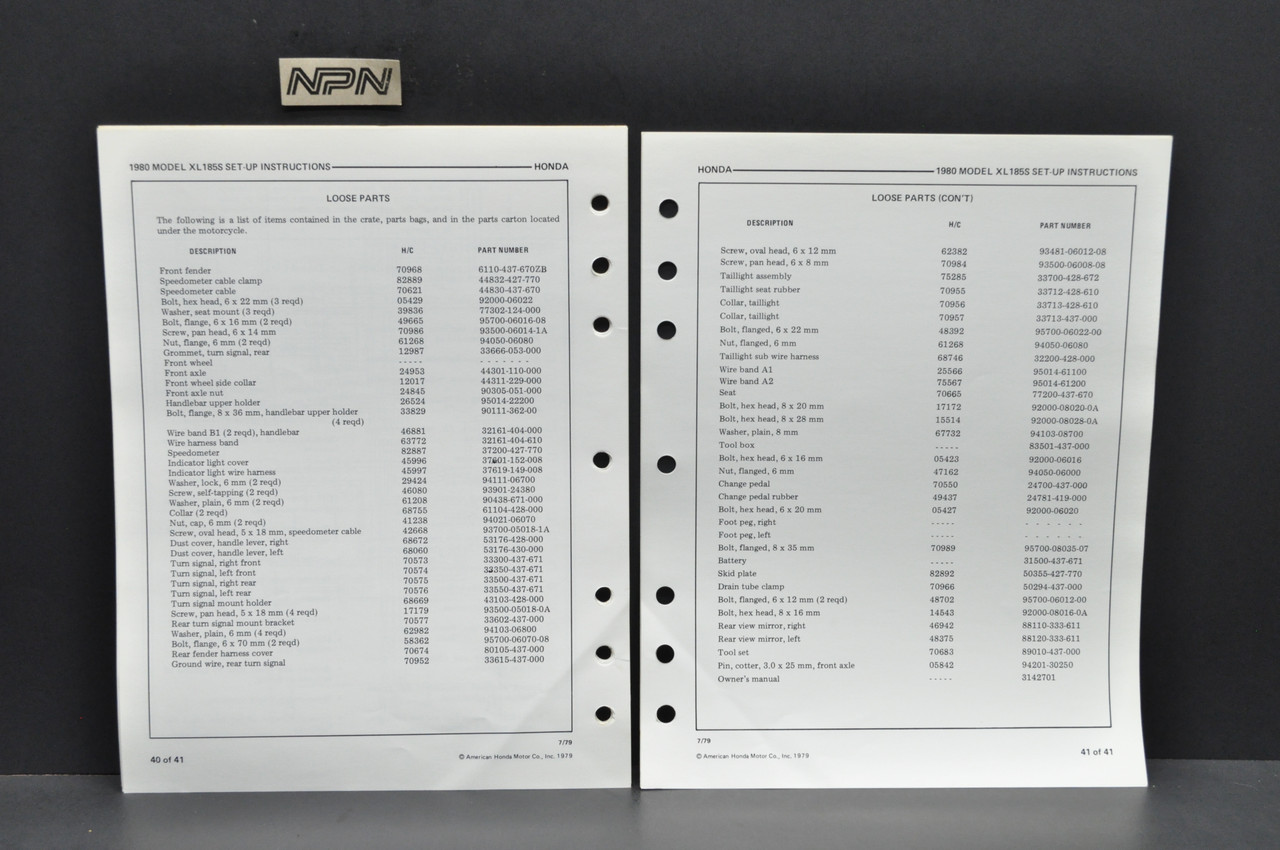 Vintage 1981 Honda XL185 S Motorcycle Dealer Set Up Instruction Manual