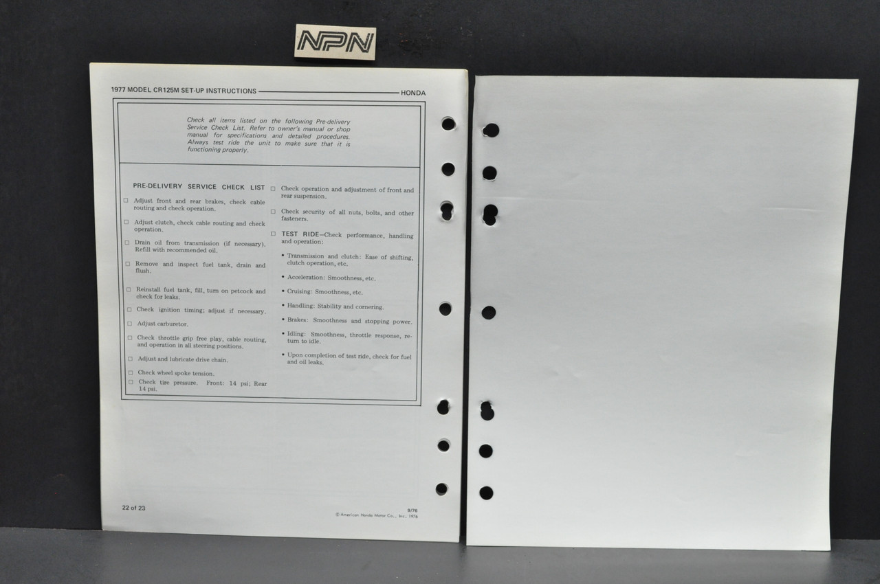 Vintage 1977 Honda CR125 M Elsinore Dealer Set Up Instruction Manual