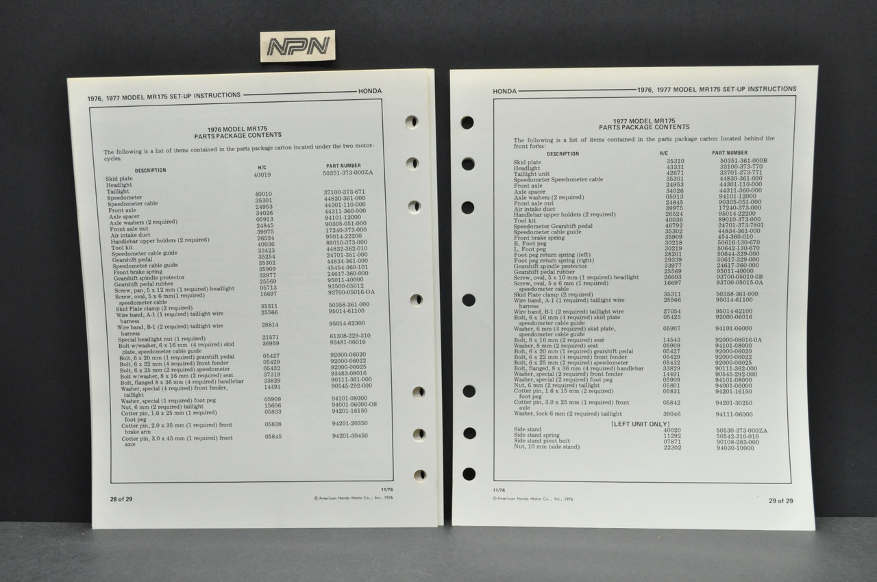 Vintage NOS 1976-77 Honda MR175 Motorcycle Dealer Set Up Instruction Manual