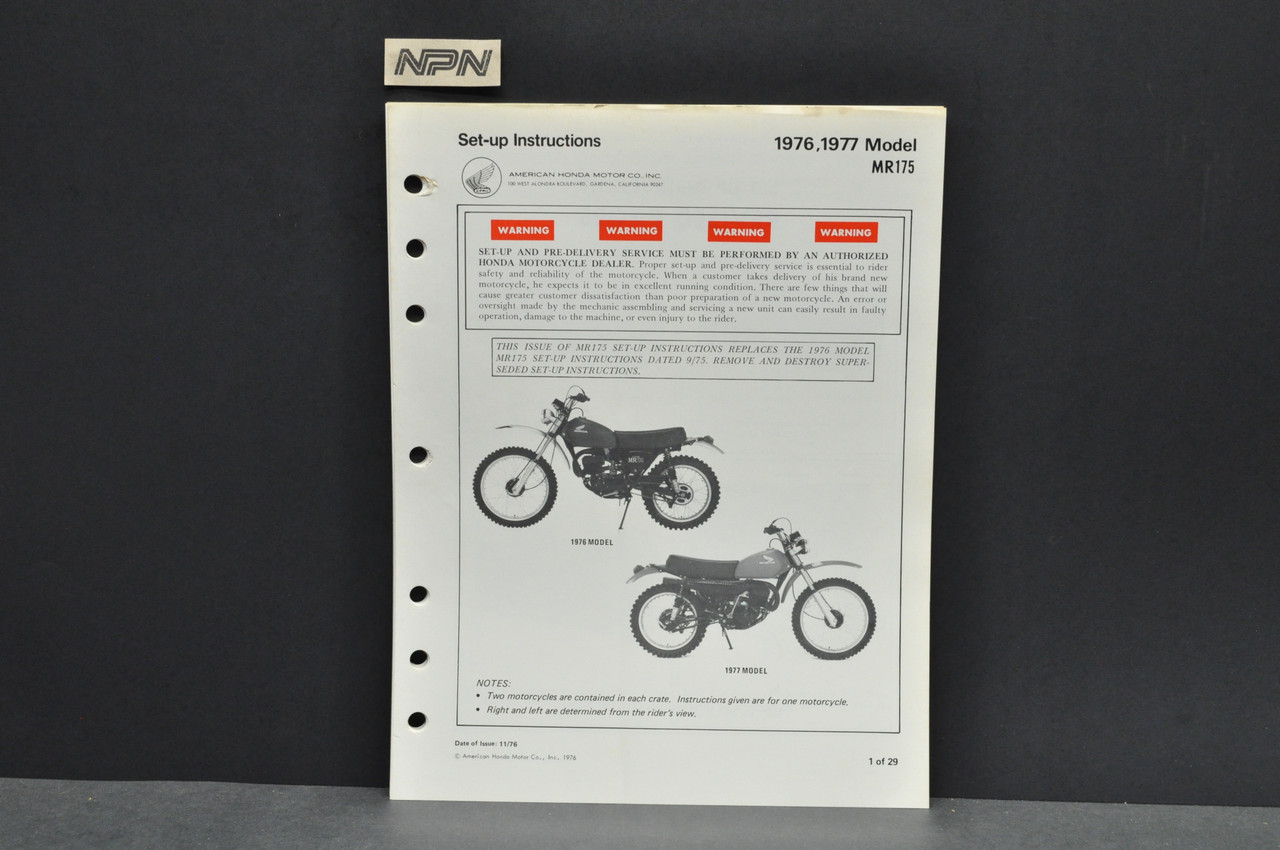 Vintage NOS 1976-77 Honda MR175 Motorcycle Dealer Set Up Instruction Manual