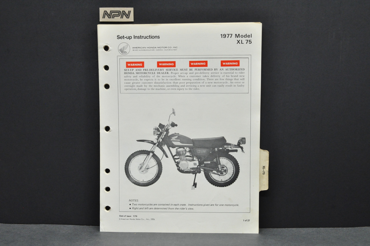 VTG 1977 Honda XL75 Motorcycle Dealer Set Up Instruction Manual + Addendum