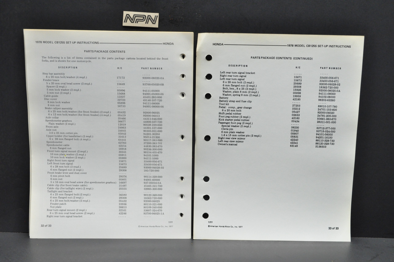 Vintage 1978 Honda CB125 S Motorcycle Dealer Set Up Instruction Manual