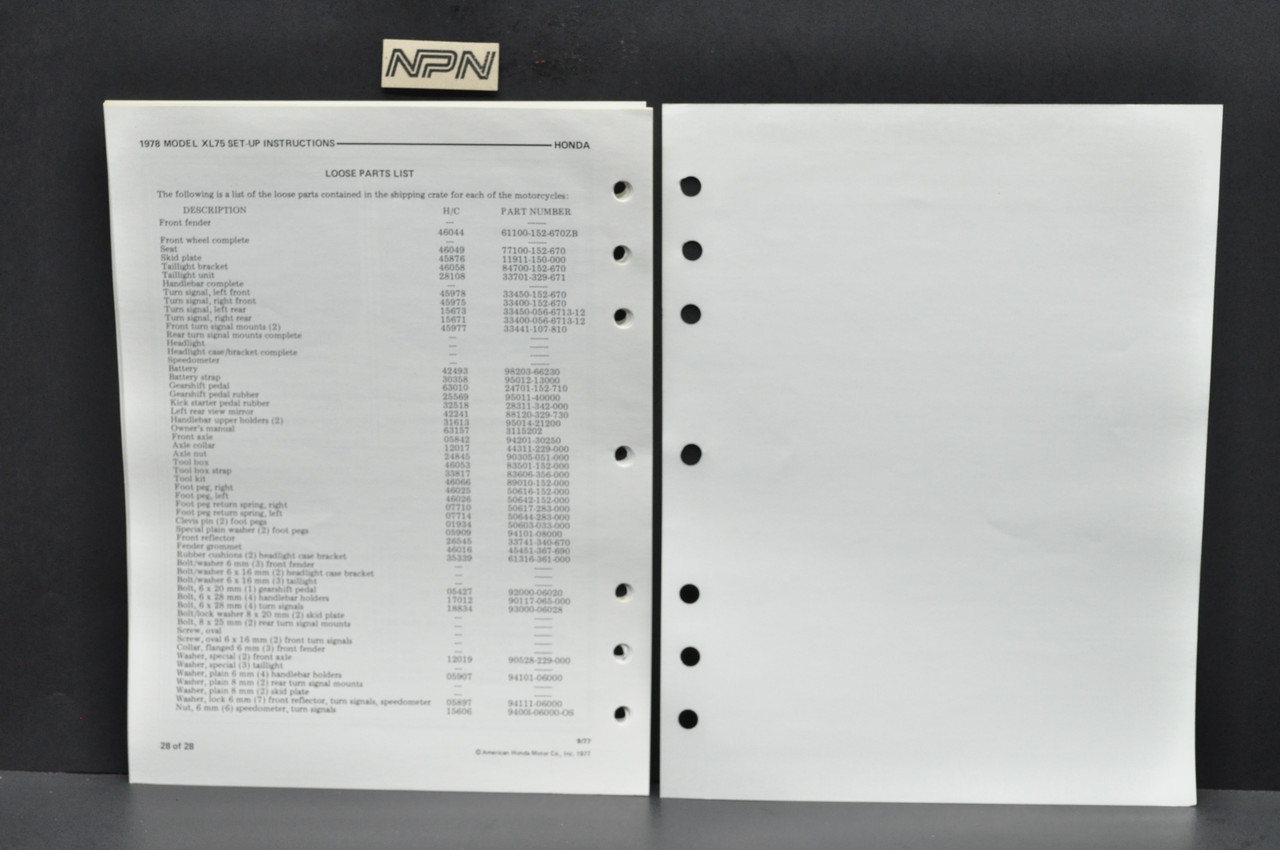 Vintage 1978 Honda XL75 Motorcycle Dealer Set Up Instruction Manual