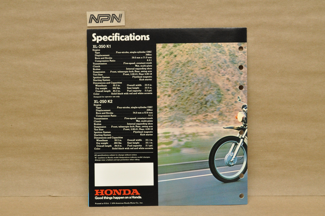 Kページ Vtg 1974 Honda XL350 K1 XL250 K2 Dealer Sales Spec Brochure Mini