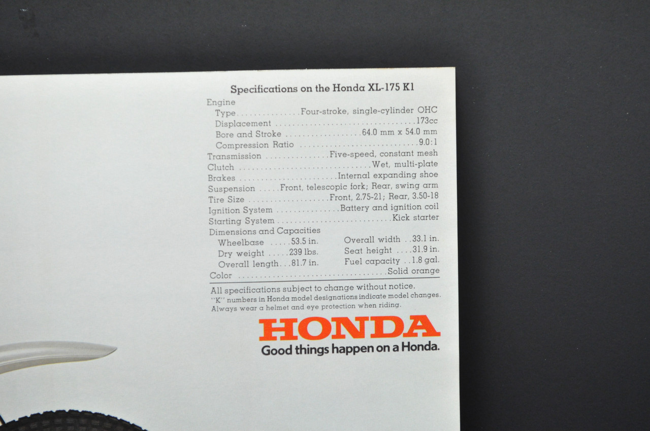 Vintage 1974 Honda XL175 K1 Motorcycle Dealer Sales Spec Brochure