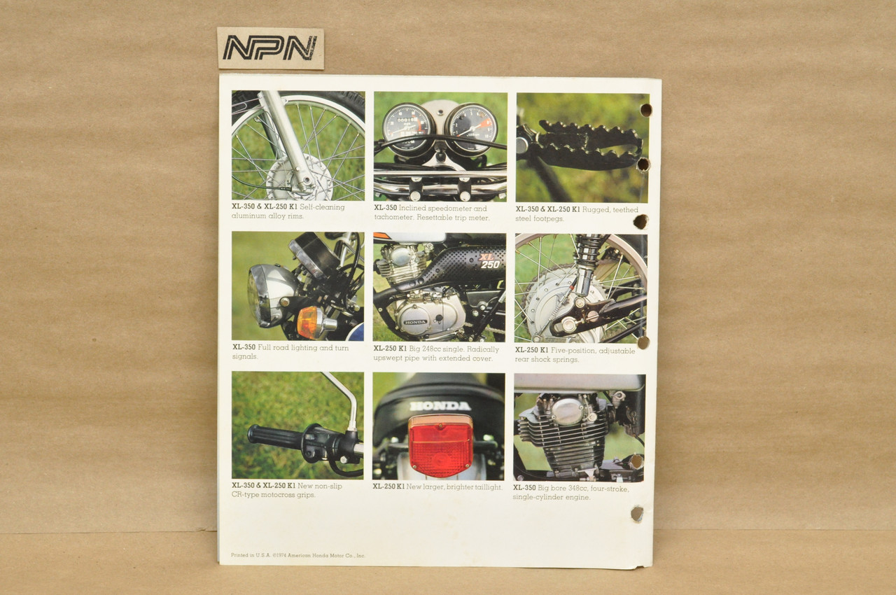 Vtg 1974 Honda XL350 K0 XL250 K1 Motorcycle Dealer Sales Spec Brochure Poster