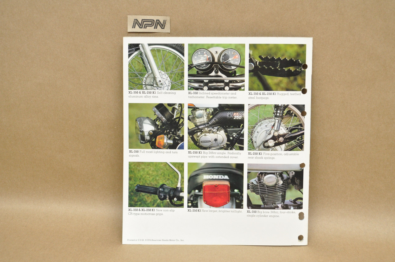 Vtg 1974 Honda XL350 K0 XL250 K1 Motorcycle Dealer Sales Spec Brochure Poster