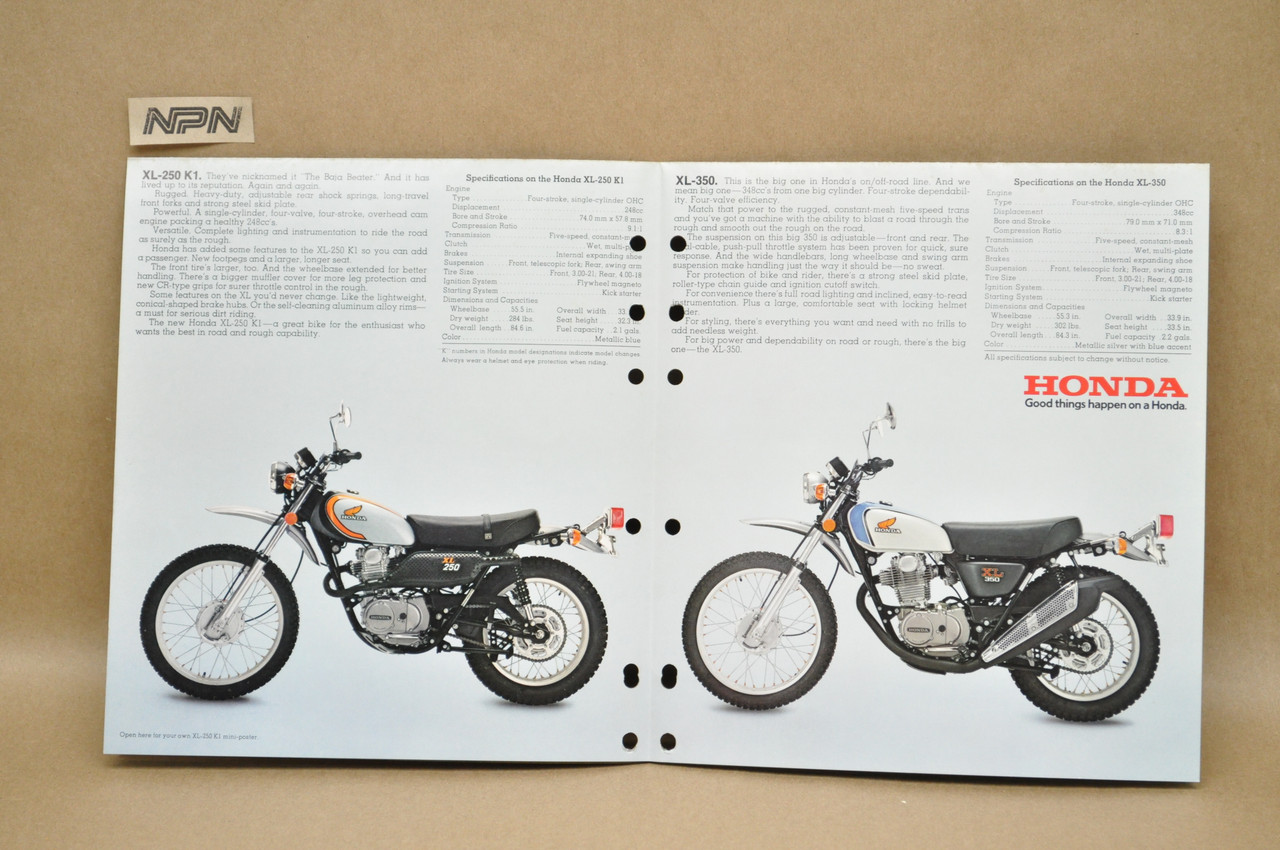 Vtg 1974 Honda XL350 K0 XL250 K1 Motorcycle Dealer Sales Spec Brochure Poster