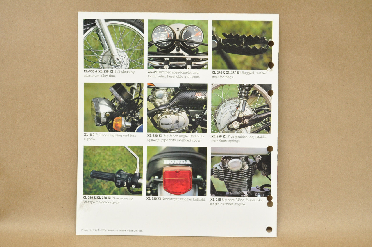 Vtg 1974 Honda XL350 K0 XL250 K1 Motorcycle Dealer Sales Spec Brochure Poster
