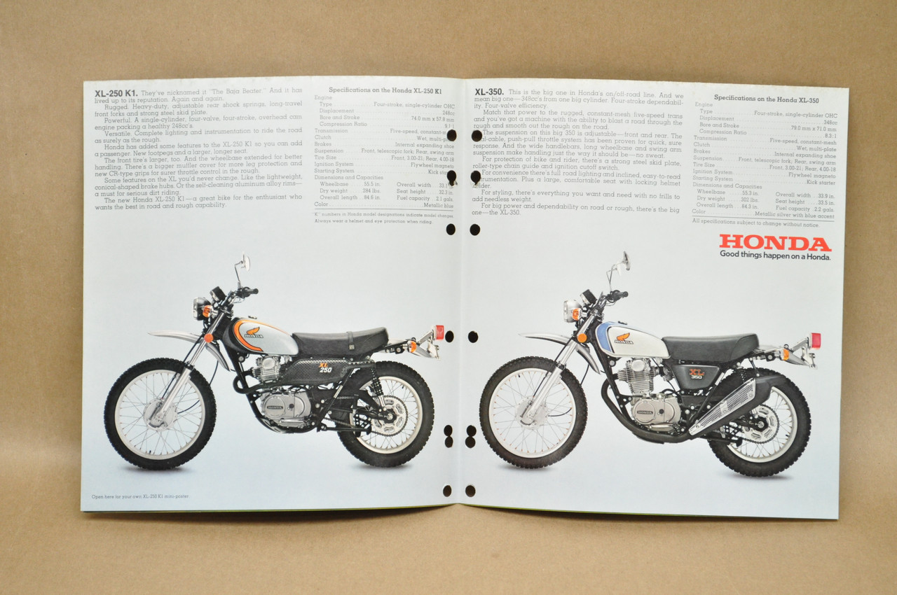 Vtg 1974 Honda XL350 K0 XL250 K1 Motorcycle Dealer Sales Spec Brochure Poster