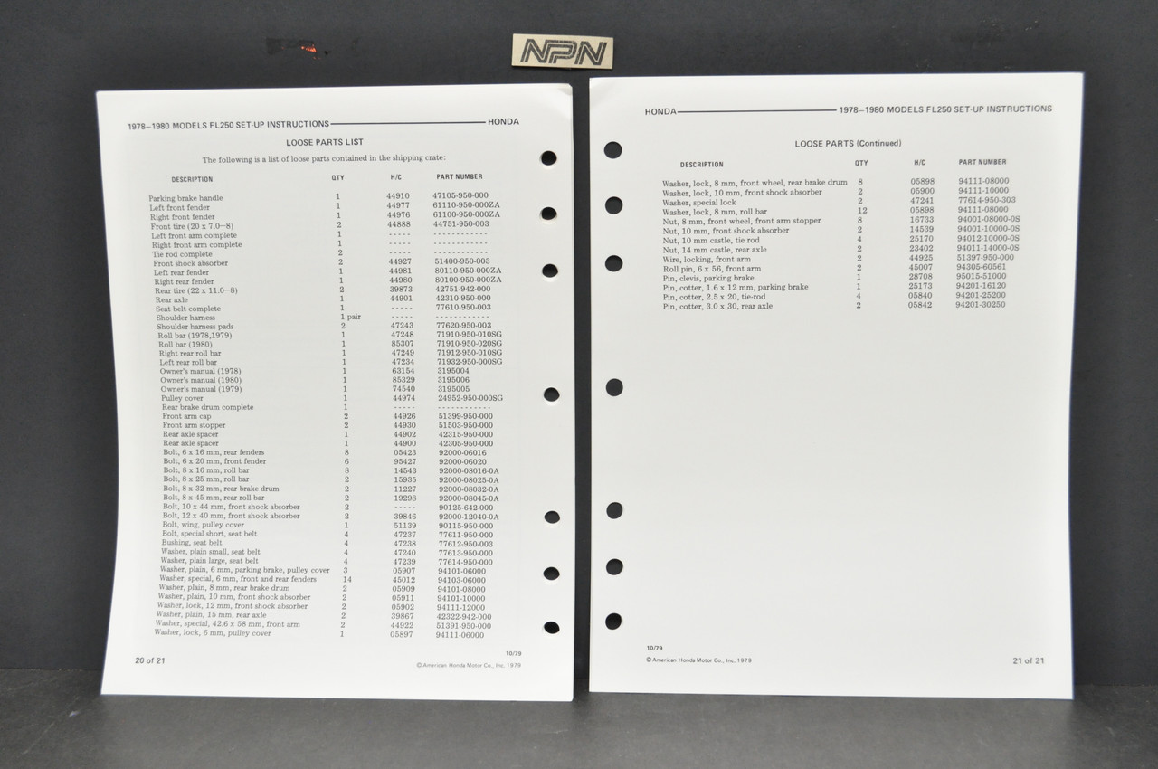 Vintage NOS 1978-80 Honda FL250 Odyssey Dealer Set Up Instruction Manual