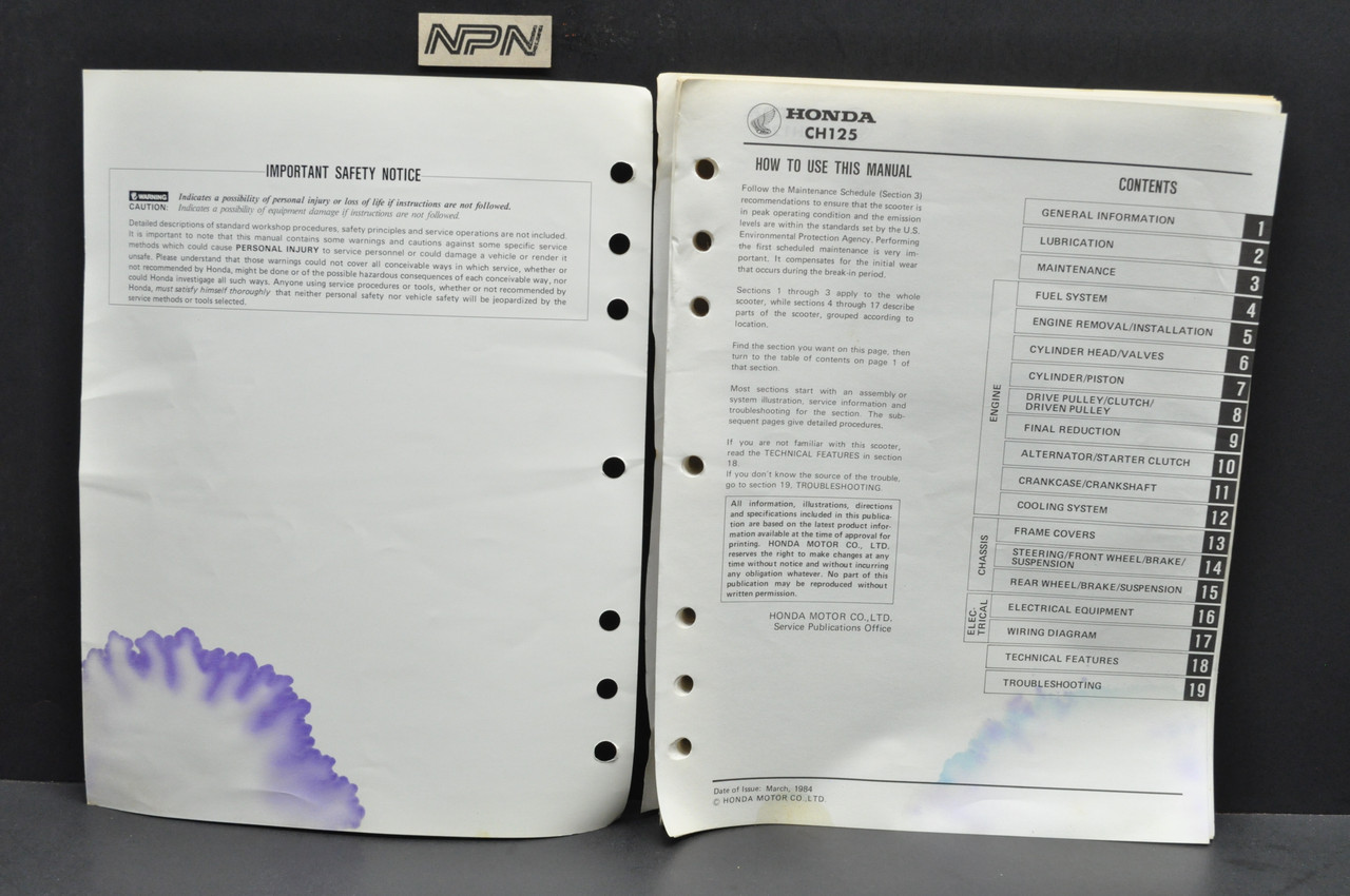 Vintage 1984 Honda CH125 Elite 125 Scooter Shop Service Repair Manual