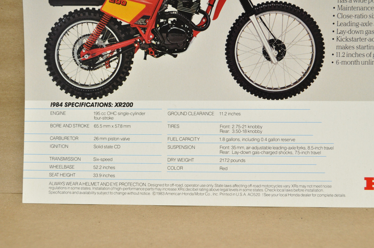 Vtg NOS 1984 Honda XR200 Motorcycle Dealer Sales Spec Brochure