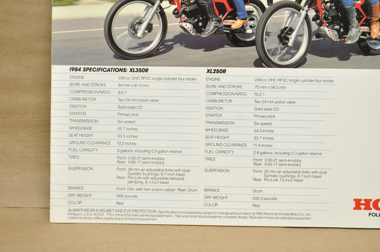 Vintage NOS 1984 Honda XL350 R XL250 R Dealer Sales Spec Brochure