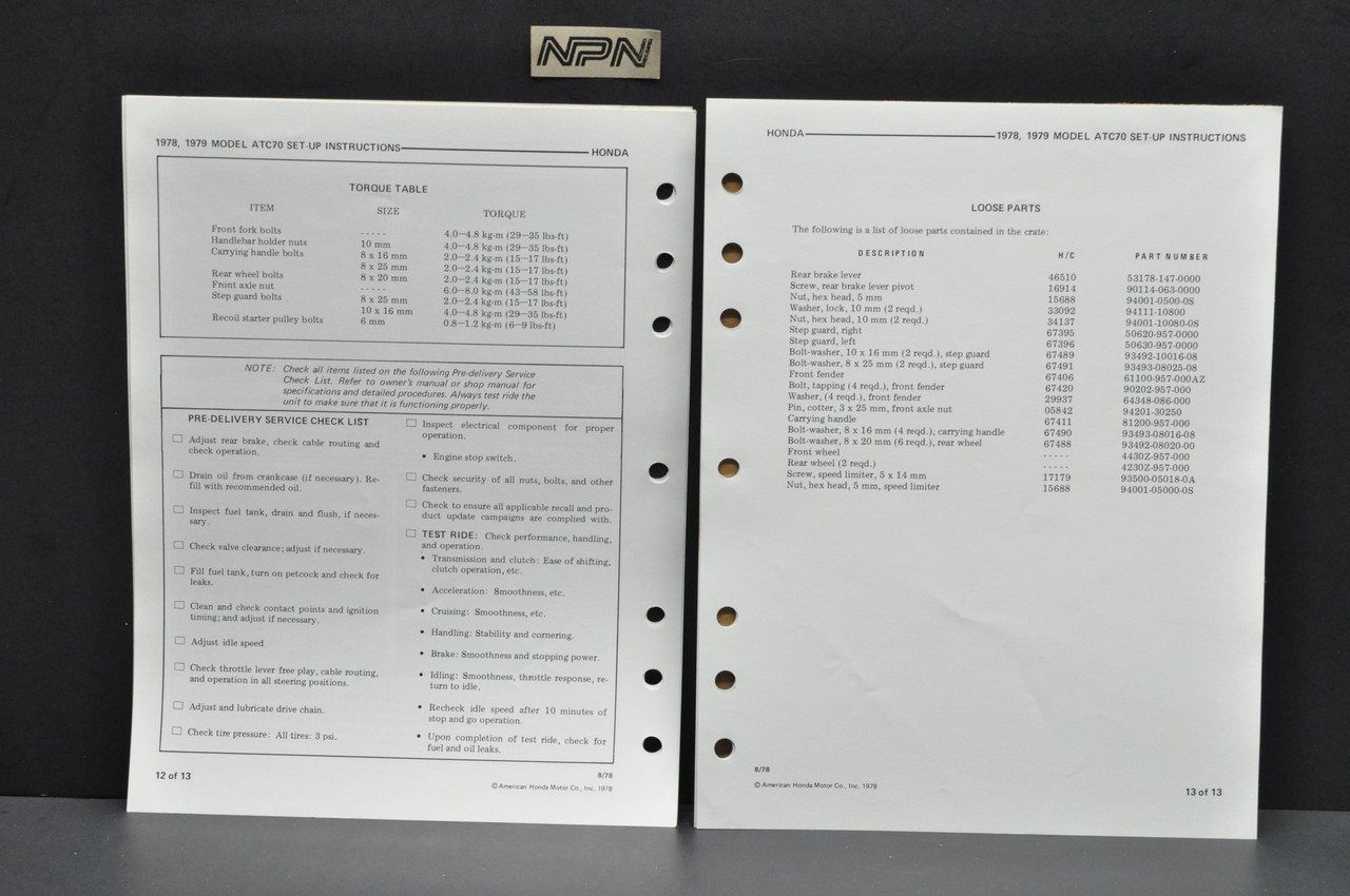 Vtg NOS 1978-79 Honda ATC70 Three Wheeler ATV Dealer Set Up Instruction Manual
