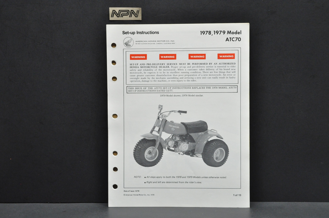 Vtg NOS 1978-79 Honda ATC70 Three Wheeler ATV Dealer Set Up Instruction Manual