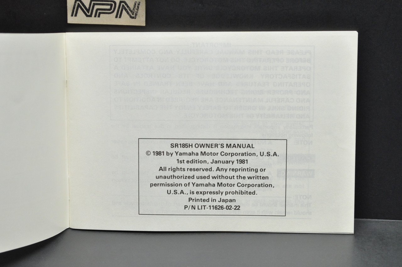 Vintage NOS 1981 Yamaha SR185 H Motorcycle Owners Manual First Edition