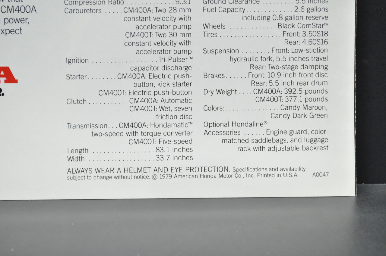 Vintage NOS 1980 Honda CM400 T CM400 A Motorcycle Brochure Spec Sheet Flyer