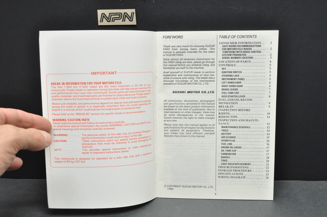 Vintage Suzuki FA50 Moped Motorcycle Owners Manual 1985 Print Date